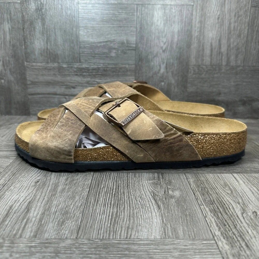 Birkenstock Lugano Sandals Mens 11 Tobacco Brown Oiled Leather Cross Strap NEW